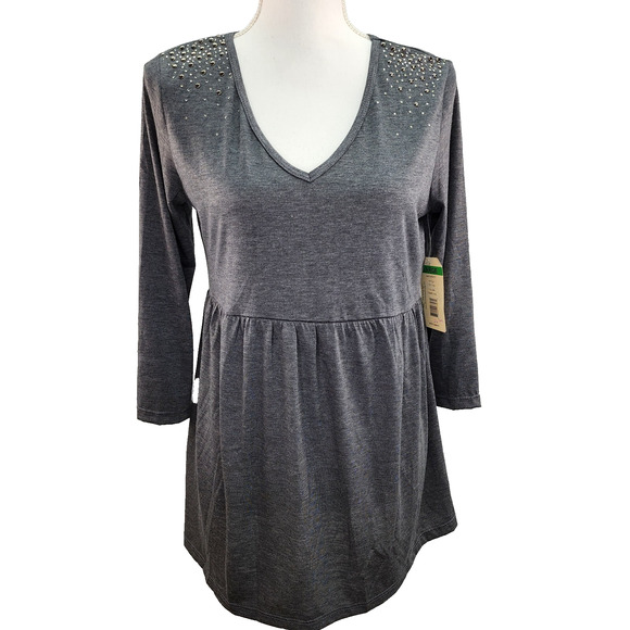 NWT Three Season Maternity Shirt Large Black Gray Long Empire Waist Stretchy Top - Picture 2 of 15